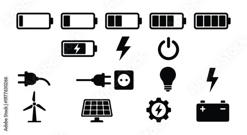 Energy and battery icon set, black power supply symbols, renewable solar and wind electricity vector elements for interface design