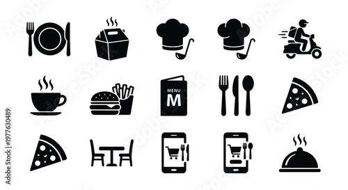 Restaurant and food delivery icons set, black flat vector symbols for cafe and bistro menu, 15 professional catering and online ordering graphics