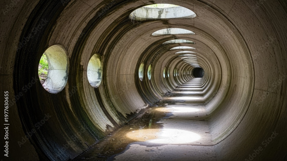 Fototapeta premium A long, dimly lit concrete tunnel with circular openings and a reflective floor