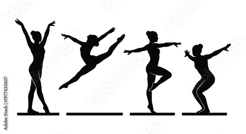 Gymnastics silhouette vector set, female gymnast performing athletic floor routine poses, rhythmic gymnastics silhouettes for sports branding