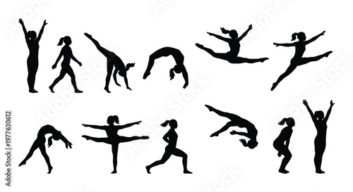 Gymnastics silhouettes set of 12 female athletes, rhythmic gymnastics poses and acrobatic movements, black vector icons of girls jumping and tumbling