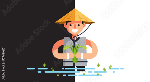 Asian farmer planting rice in field.