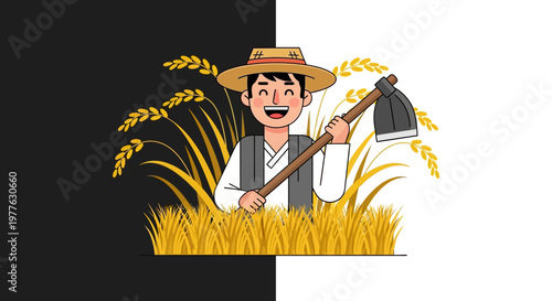 A cartoon farmer in a wheat field.