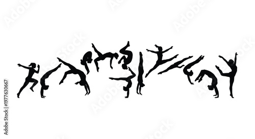 Gymnastics silhouette collection of 14 female athletes, acrobatic tumbling and floor exercise poses, black vector figures on white background