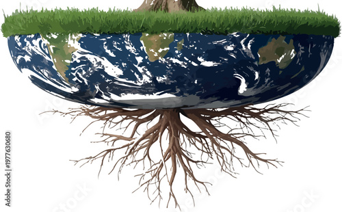 A conceptual globe cross section featuring grassy terrain with exposed tree roots floating in midair against a plain neutral studio background for professional environmental design projects