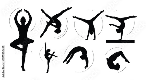 Gymnastics silhouette collection, 7 athletic female figures performing acrobatic poses, rhythmic gymnastics and ballet dancer vector set