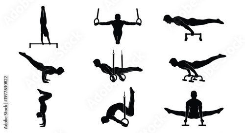 Calisthenics athlete silhouettes set, 9 gymnastics bodyweight exercise icons, male gymnast performing strength poses on rings and parallel bars