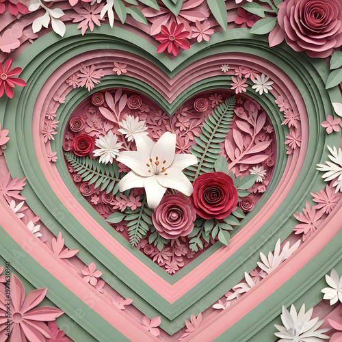 Layered paper cutout heart with flowers and foliage art