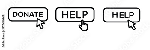 Donate and help line icons set featuring donate button help button with hand cursor and pointer more vector illustration with editable stroke.