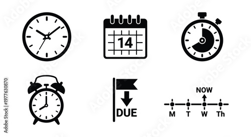 Minimalist time management icon set, black clock and calendar vector elements, 6 productivity symbols for scheduling and deadline tracking