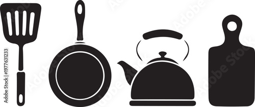 Black silhouettes of kitchen tools spatula frying pan kettle and cutting board