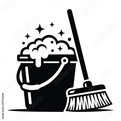 Professional cleaning service icon soapy bucket foam and broom housekeeping tools hygiene sanitation maintenance experts
