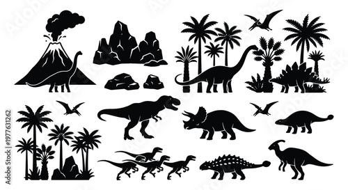 Prehistoric dinosaur silhouette collection, black vector icons of jurassic animals and volcano, ancient wildlife set with palm trees and pterodactyls