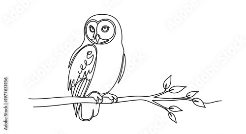 Minimalist single line drawing of an owl perched on a tree branch with leaves