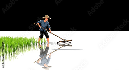 a man in a hat standing in water with a rake.