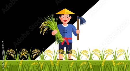 Cartoon farmer holding rice plants.