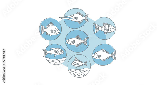 Collection of Diverse Fish Species Illustration in Circular Frames