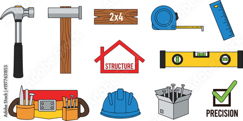 Construction Tools Icon Set with Hammer, Tape Measure, Hard Hat, Toolbox, Level, and Precision Mark for Home Building and DIY Projects