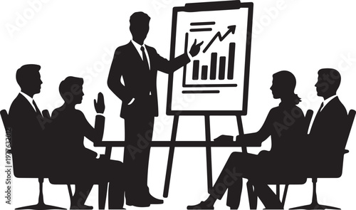 business people in a meeting, with one presenting at a flipchart to an attentive audience. Silhouette icon drawing vector