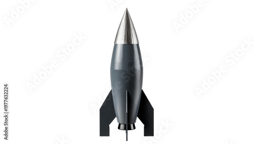 Dark grey rocket with silver tip and black fins, isolated on transparent background