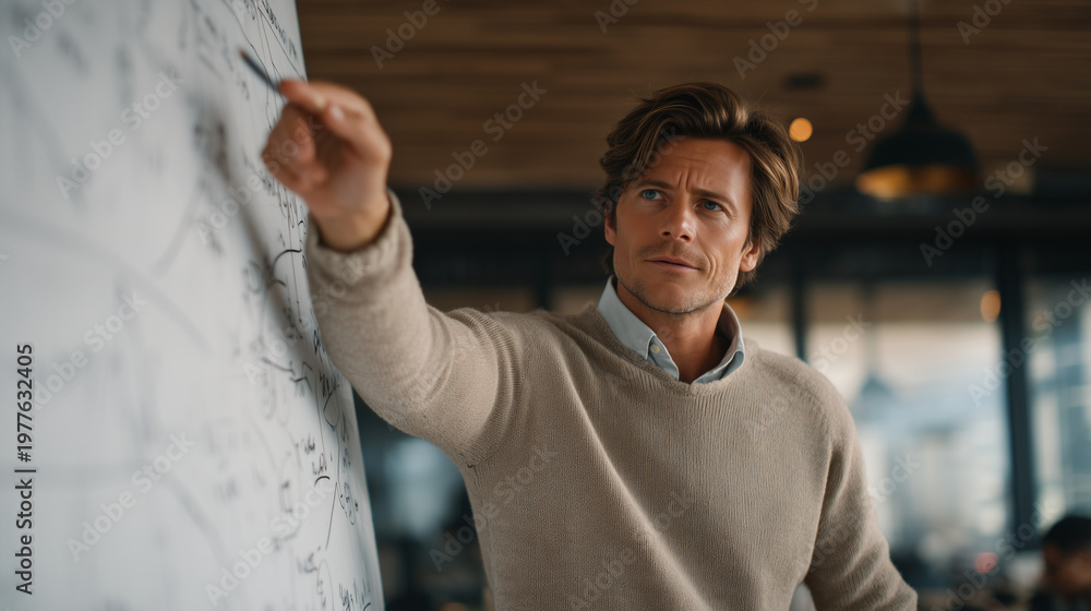 Naklejka premium Researcher pointing to a glowing branching decision tree on a whiteboard covered in ethical dilemmas and probability models, visualizing the AI existential risk debate inside a university seminar ro