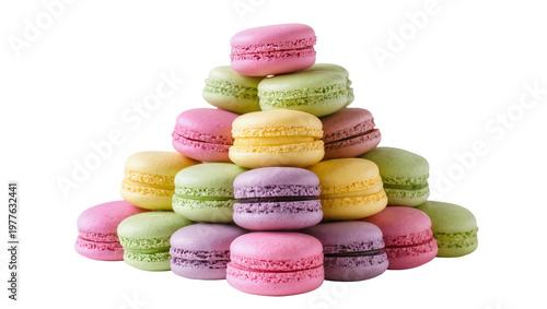 Stack of colorful French macarons, isolated on transparent background