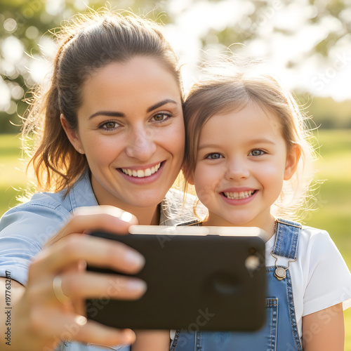 Happy mother and daughter taking a selfie together outdoors in a park