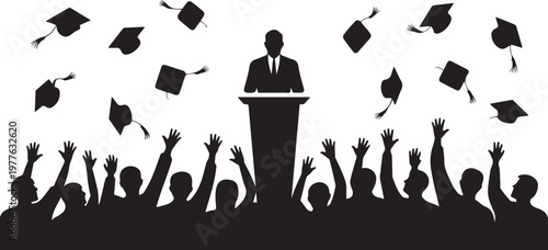 speaker at a podium addressing a dynamic crowd of people with raised hands and flying graduation caps. Silhouette icon drawing vector