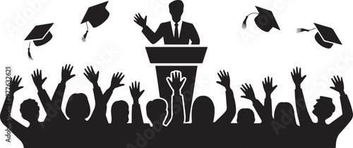 speaker at a podium addressing a dynamic crowd of people with raised hands and flying graduation caps. Silhouette icon drawing vector