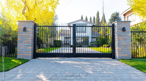 Modern home standing behind closed black metal gates and brick pillars, offering security for a private residence