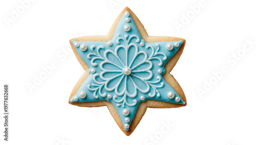 Star shaped cookie with blue icing and pearl details, isolated on transparent background