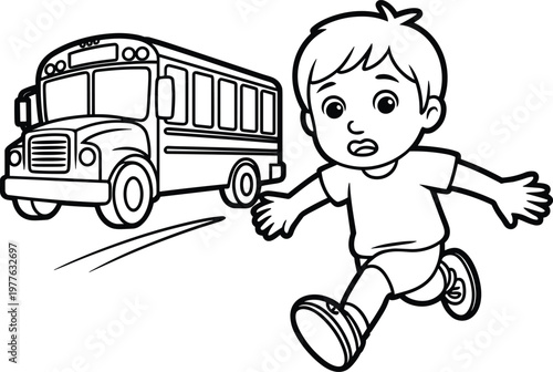 Kid running after school bus cartoon illustration late for school concept