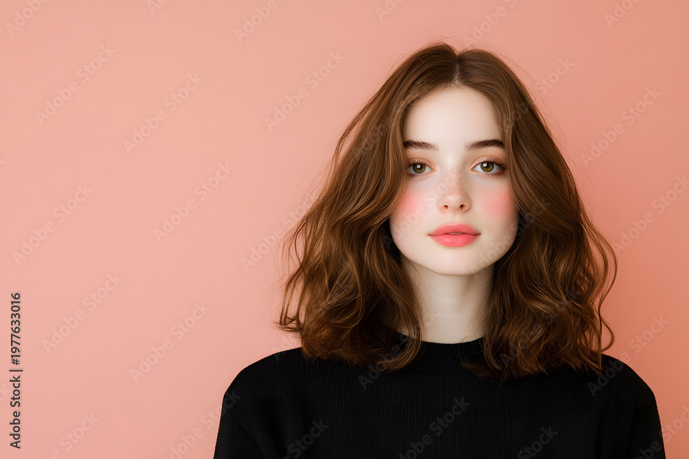 Fototapeta premium Wavy brunette portrait, White woman model, Shoulder length hairstyle, Black top fashion look, Pink studio background, Minimal beauty composition, Natural makeup concept