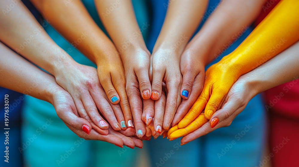 Fototapeta premium Hands of diverse people, painted in colors, together, blurred background