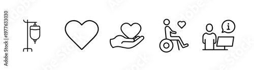 Medical and social support line icons set featuring iv drip bag heart shape wheelchair disabled person and information desk more vector illustration with editable stroke.