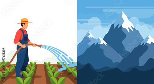 Farmer watering plants with mountain landscape.