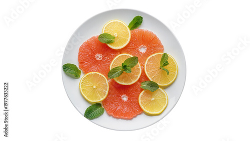 Εκτύπωση καμβά Citrus fruit slices of grapefruit and lemon with mint leaves, isolated on transp