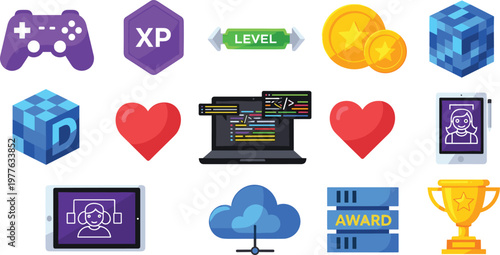 Gaming and Development Icon Set with Controller, XP, Coins, Code, Cloud, and Award Symbols for Gamers and Developers