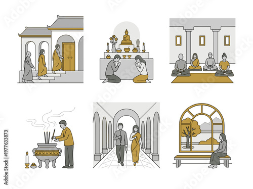 Temple activity illustration set: people in sacred spaces with minimal architectural flat vector design