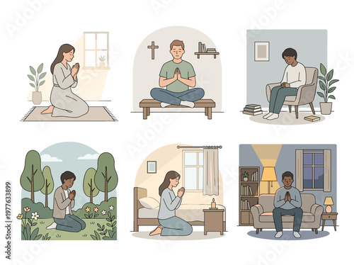 People praying individually, spiritual illustration set with six peaceful scenes in minimal flat style