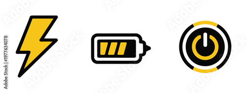 Power icon set, minimal vector symbols of electricity, battery charge, and on/off buttons, modern design for technology interfaces, devices, and energy management visuals.