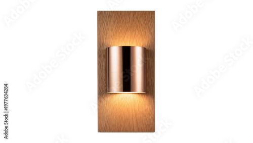 Modern copper cylinder wall lamp with wood panel, isolated on transparent background