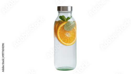 Cuadro en lienzo Clear glass bottle with orange slices and mint leaves, isolated on transparent b