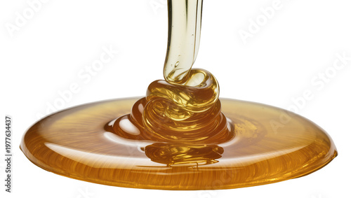 Thick golden honey pouring and swirling, isolated on transparent background