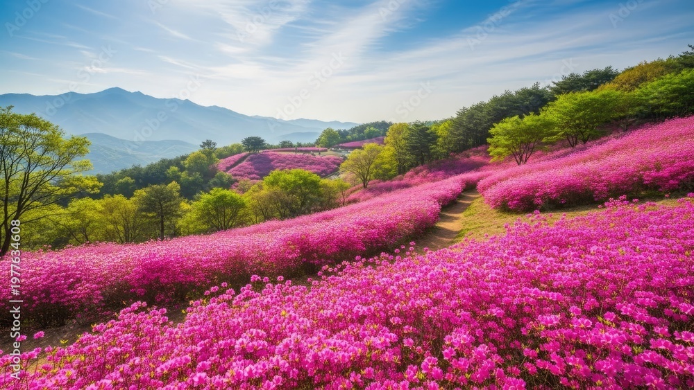 Obraz premium A serene landscape of a vibrant pink flower field in a mountainous area