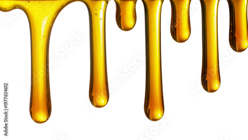 Golden honey dripping in viscous strands, isolated on transparent background