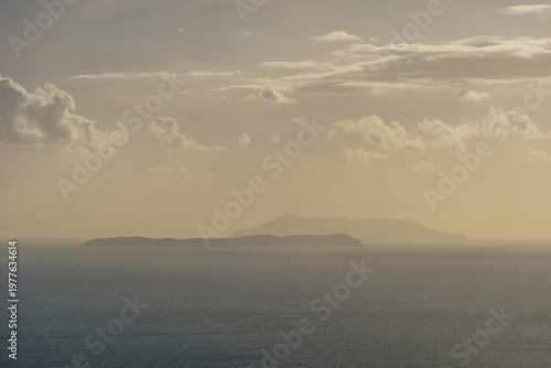 Sunset over greek islands in the Mediterranean Adriatic sea seen from albanian coast, Albania