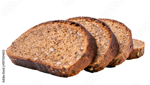 Four slices of whole grain bread with seeds, isolated on transparent background