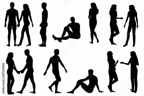Collection of black silhouettes depicting diverse human poses and interactions