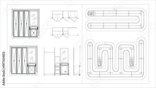 Wardrobe with bar and rail of wardrobe for clothes hanging storage solution in bedroom interior furniture design, functional closet organizer equipment. clean CAD-style vector illustration isolated on